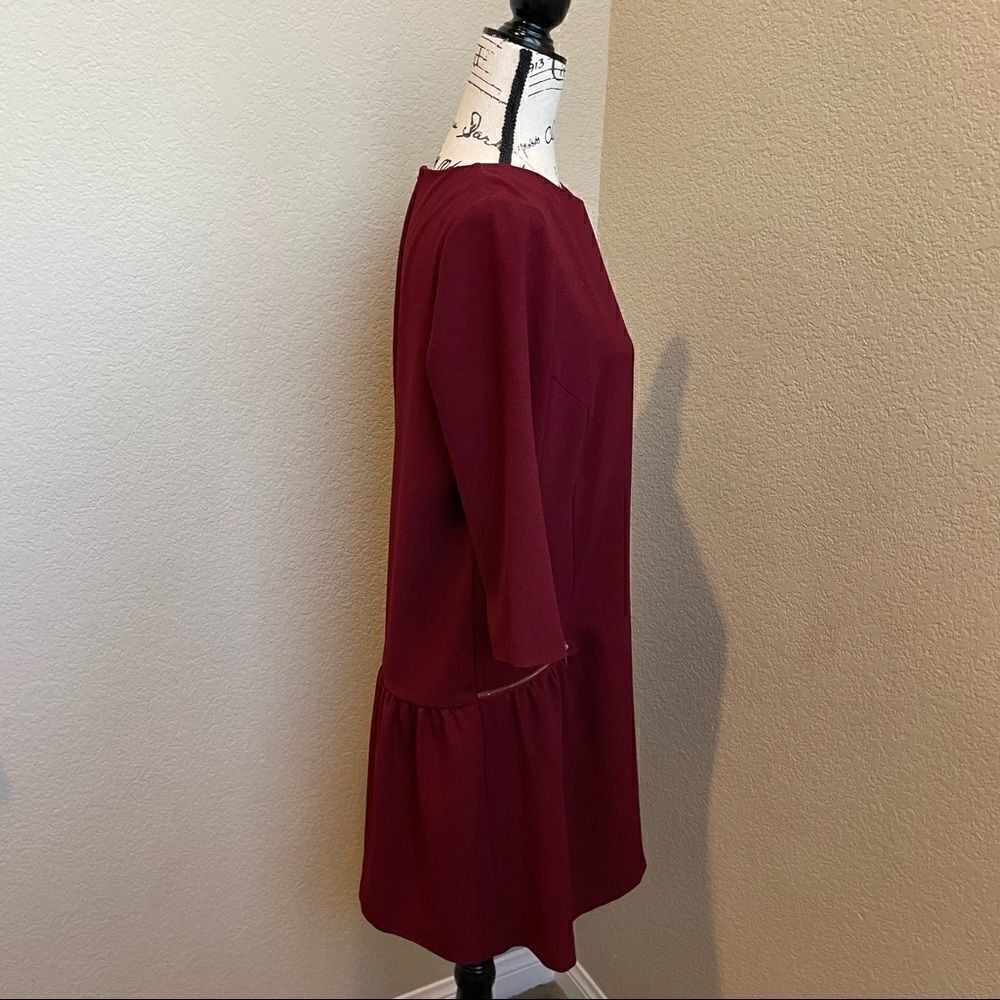 promod Burgundy Drop Waist Mini Dress with Faux Pockets and 3/4 Sleeves EU 38 - Picture 4 of 15
